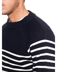 dunkelblauer und weißer horizontal gestreifter Pullover mit einem Rundhalsausschnitt von Quiksilver