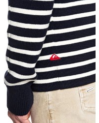 dunkelblauer und weißer horizontal gestreifter Pullover mit einem Rundhalsausschnitt von Quiksilver