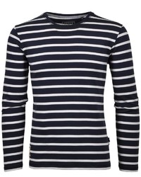 dunkelblauer und weißer horizontal gestreifter Pullover mit einem Rundhalsausschnitt von RAGMAN