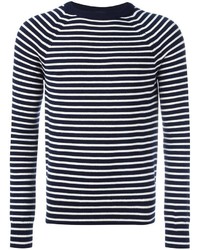 dunkelblauer und weißer horizontal gestreifter Pullover mit einem Rundhalsausschnitt von Saint Laurent