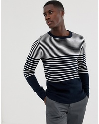 dunkelblauer und weißer horizontal gestreifter Pullover mit einem Rundhalsausschnitt von Selected Homme