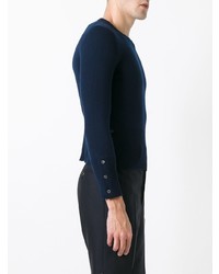 dunkelblauer und weißer horizontal gestreifter Pullover mit einem Rundhalsausschnitt von Thom Browne