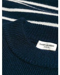 dunkelblauer und weißer horizontal gestreifter Pullover mit einem Rundhalsausschnitt von Saint Laurent