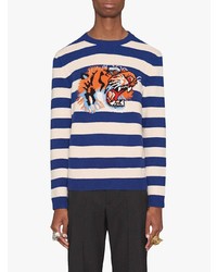 dunkelblauer und weißer horizontal gestreifter Pullover mit einem Rundhalsausschnitt von Gucci