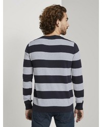 dunkelblauer und weißer horizontal gestreifter Pullover mit einem Rundhalsausschnitt von Tom Tailor