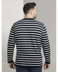 dunkelblauer und weißer horizontal gestreifter Pullover mit einem Rundhalsausschnitt von TOM TAILOR Men Plus