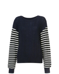 dunkelblauer und weißer horizontal gestreifter Pullover mit einem Rundhalsausschnitt von Y's