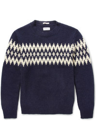 dunkelblauer und weißer Pullover mit einem Rundhalsausschnitt mit Fair Isle-Muster