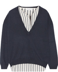 dunkelblauer verzierter Pullover mit einem V-Ausschnitt