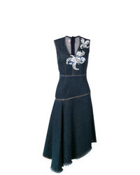 dunkelblaues ausgestelltes Kleid aus Jeans mit Blumenmuster