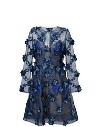 dunkelblaues ausgestelltes Kleid mit Blumenmuster von Marchesa Notte