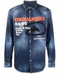 dunkelblaues bedrucktes Jeanshemd von DSQUARED2