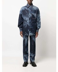 dunkelblaues bedrucktes Jeanshemd von Feng Chen Wang