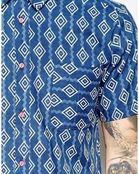 dunkelblaues bedrucktes Kurzarmhemd von Reclaimed Vintage