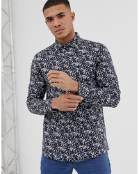 dunkelblaues bedrucktes Langarmhemd von Burton Menswear