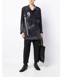 dunkelblaues bedrucktes Langarmhemd von Yohji Yamamoto