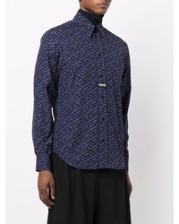 dunkelblaues bedrucktes Langarmhemd von Versace