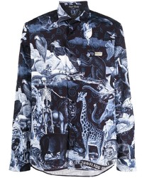 dunkelblaues bedrucktes Langarmhemd von Philipp Plein