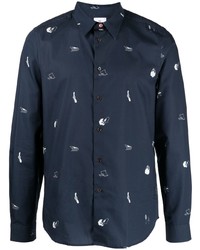 dunkelblaues bedrucktes Langarmhemd von PS Paul Smith