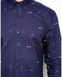 dunkelblaues bedrucktes Langarmhemd von Selected