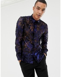 dunkelblaues bedrucktes Langarmhemd von Twisted Tailor