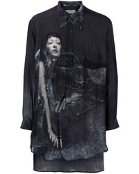 dunkelblaues bedrucktes Langarmhemd von Yohji Yamamoto