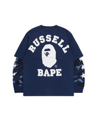 dunkelblaues bedrucktes Langarmshirt von A Bathing Ape