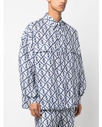 dunkelblaues bedrucktes Leinen Langarmhemd von Fendi