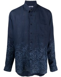 dunkelblaues bedrucktes Leinen Langarmhemd von Vilebrequin