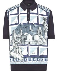 dunkelblaues bedrucktes Polohemd von Dolce & Gabbana