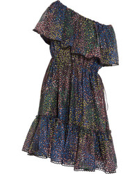 dunkelblaues bedrucktes schulterfreies Kleid