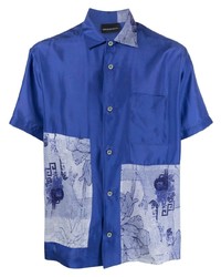 dunkelblaues bedrucktes Seide Kurzarmhemd von Emporio Armani