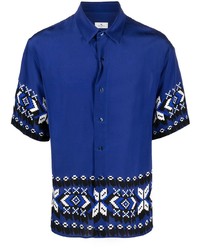 dunkelblaues bedrucktes Seide Kurzarmhemd von Etro