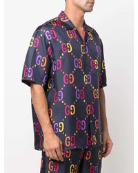 dunkelblaues bedrucktes Seide Kurzarmhemd von Gucci