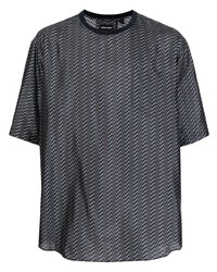 dunkelblaues bedrucktes Seide T-Shirt mit einem Rundhalsausschnitt