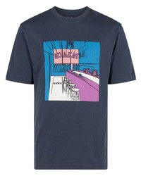 dunkelblaues bedrucktes Spitze T-Shirt mit einem Rundhalsausschnitt
