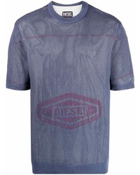 dunkelblaues bedrucktes T-Shirt mit einem Rundhalsausschnitt aus Netzstoff von Diesel