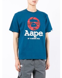 dunkelblaues bedrucktes T-Shirt mit einem Rundhalsausschnitt von AAPE BY A BATHING APE