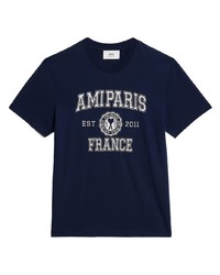 dunkelblaues bedrucktes T-Shirt mit einem Rundhalsausschnitt von Ami Paris