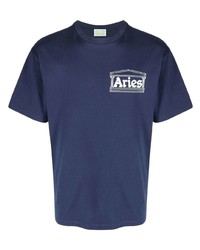 dunkelblaues bedrucktes T-Shirt mit einem Rundhalsausschnitt von Aries