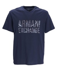 dunkelblaues bedrucktes T-Shirt mit einem Rundhalsausschnitt von Armani Exchange