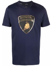 dunkelblaues bedrucktes T-Shirt mit einem Rundhalsausschnitt von Automobili Lamborghini