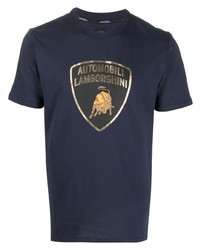 dunkelblaues bedrucktes T-Shirt mit einem Rundhalsausschnitt von Automobili Lamborghini