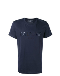 dunkelblaues bedrucktes T-Shirt mit einem Rundhalsausschnitt von Balmain