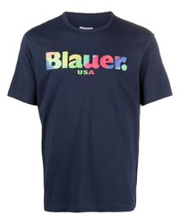 dunkelblaues bedrucktes T-Shirt mit einem Rundhalsausschnitt von Blauer