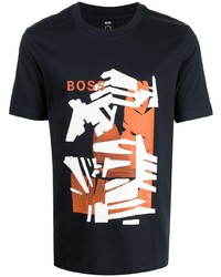 dunkelblaues bedrucktes T-Shirt mit einem Rundhalsausschnitt von BOSS