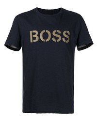 dunkelblaues bedrucktes T-Shirt mit einem Rundhalsausschnitt von BOSS