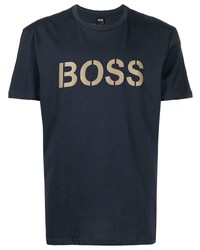 dunkelblaues bedrucktes T-Shirt mit einem Rundhalsausschnitt von BOSS