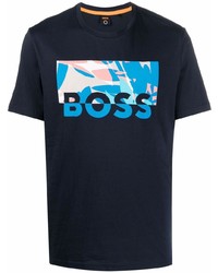 dunkelblaues bedrucktes T-Shirt mit einem Rundhalsausschnitt von BOSS