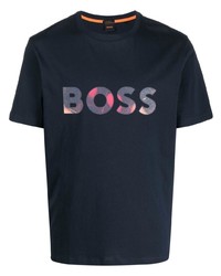 dunkelblaues bedrucktes T-Shirt mit einem Rundhalsausschnitt von BOSS